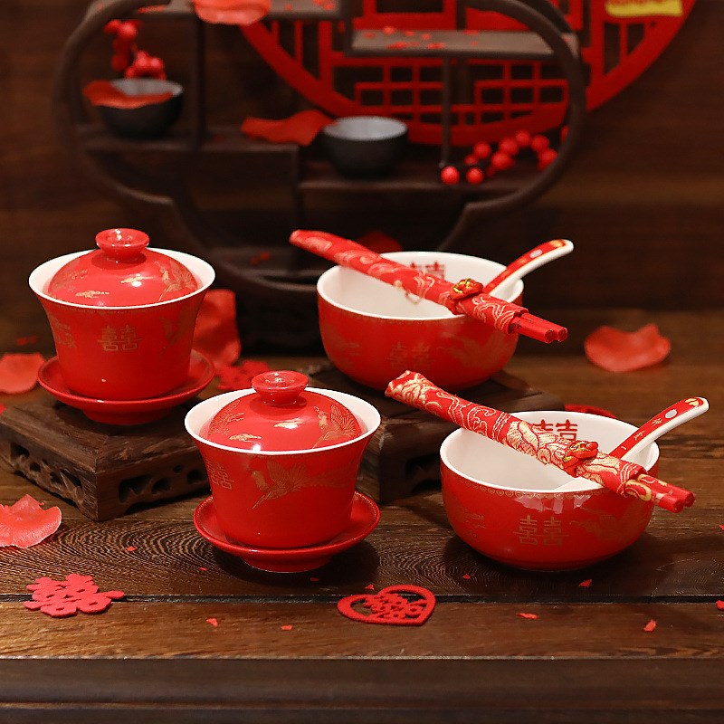 结婚喜碗套装碗筷红碗陪嫁女方一对红色喜庆用的对碗婚礼用品极凯