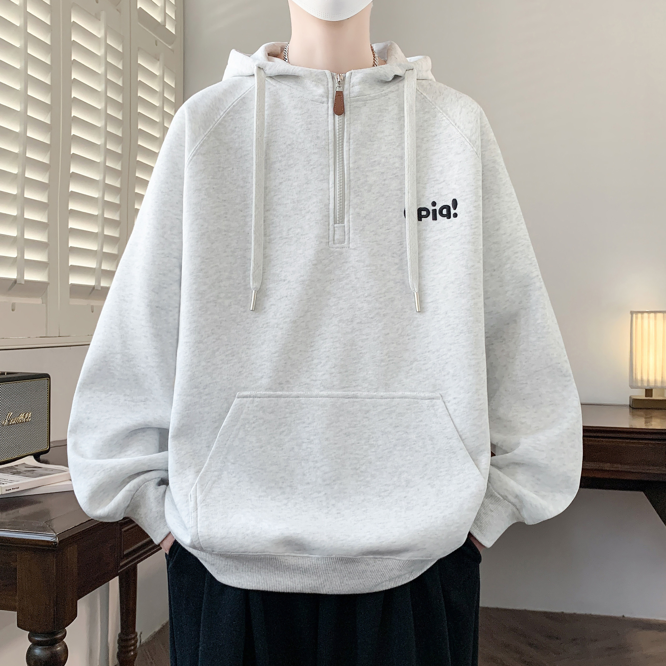 2026年春秋新款连帽半拉链卫衣男款青少年初高中学生酷帅套头外套