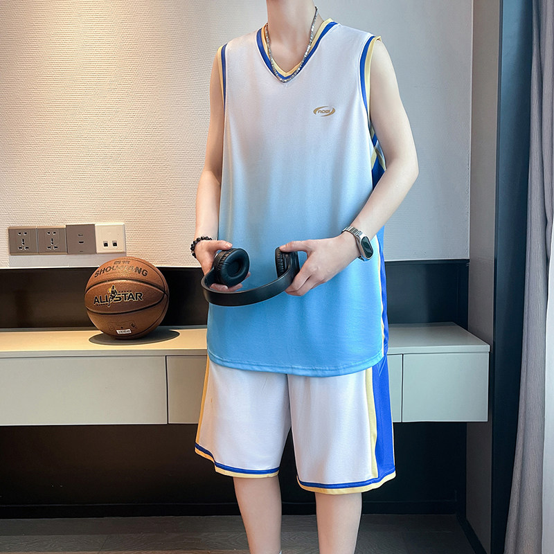 夏季无袖篮球服套装男青少年速干运动训练服时尚潮流学生蓝色短裤