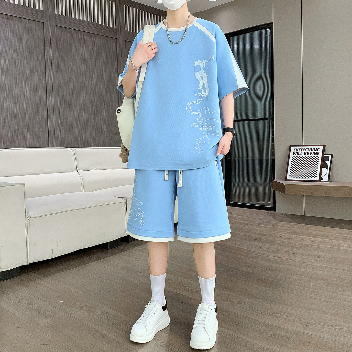 夏季新款潮流印花短袖T恤男套装青少年休闲运动两件潮牌时尚百搭