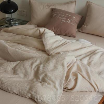 正品软棉颜值ン日~式高简约100支纯双层纱四件套全棉纯色裸睡轻柔