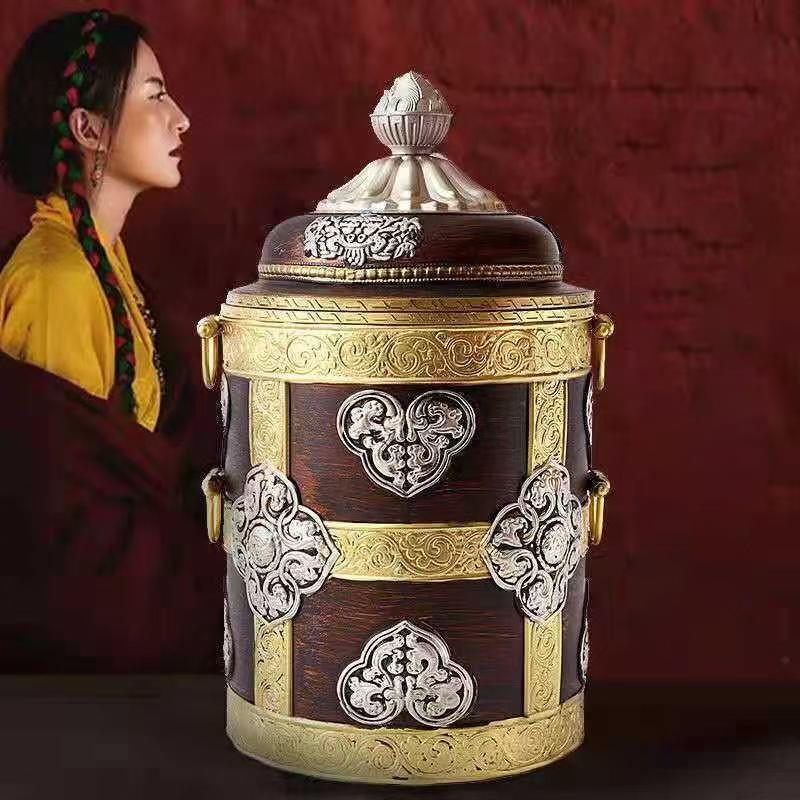 尼泊尔工艺糌粑盒家用民宿摆件糌粑桶储蓄罐装饰品民族风复古藏式