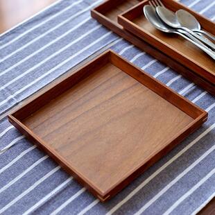 黑胡桃木托盘日式简约实木正方形小号木质复古家用客厅茶杯收纳盘