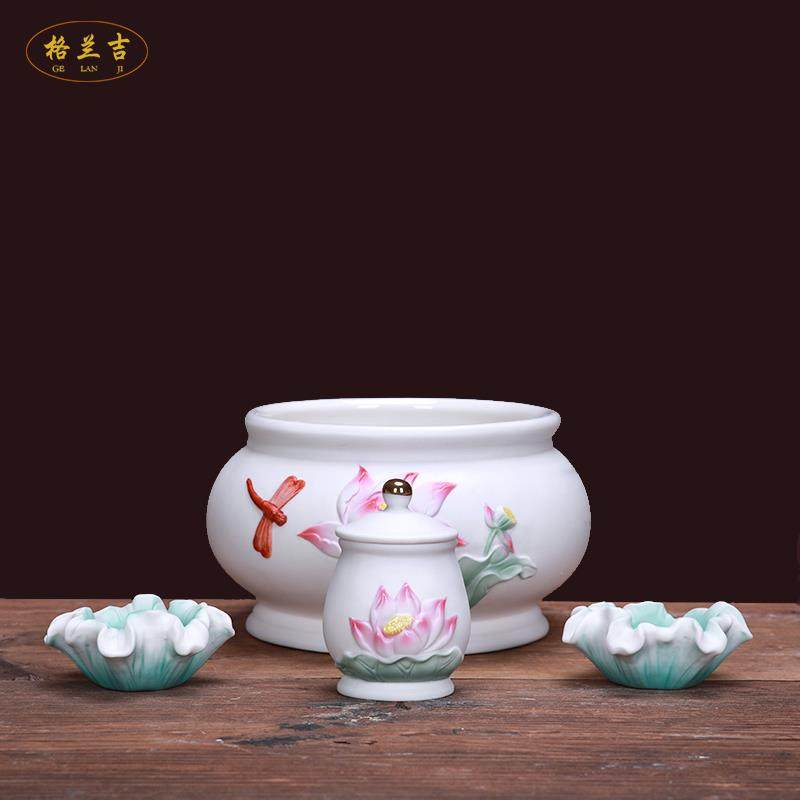格兰吉陶瓷蜻蜓莲花果盘香炉摆件圣水杯供佛用品套装居家客厅佛堂