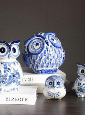 景德镇青花瓷陶瓷工艺品家居摆设猫头鹰摆件办公室桌面招财乔迁礼