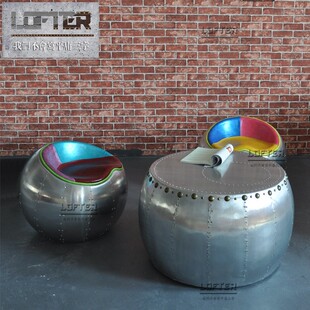 圆鼓形茶几设计师创意复古做旧圆茶 LOFT工业风铝皮铆钉金属个性