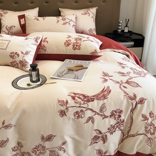 法式 高档长绒棉纯棉四件套红色结婚床上用品花鸟刺绣婚嫁喜被1.8m