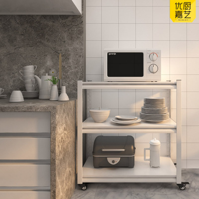 白色三层带轮落地置物架厨房微波炉烤箱收纳架夹缝可移动整理架