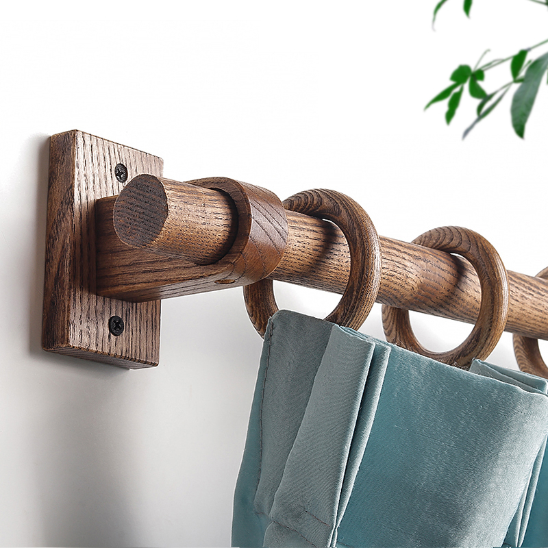 简约艺术木质胡桃色窗帘杆民宿木杆吊环日式罗马杆窗帘支架客厅