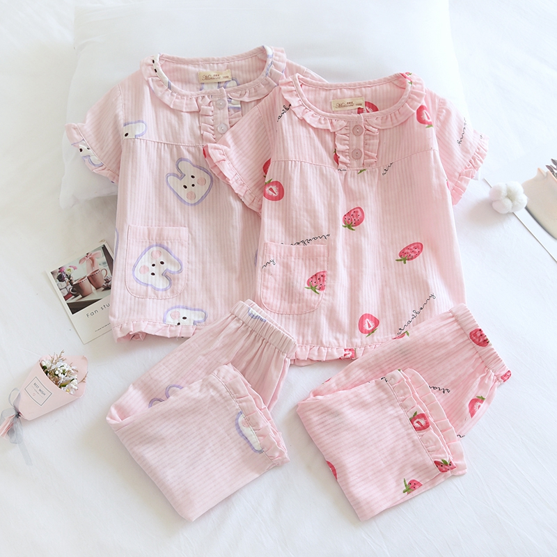 儿童夏季薄款纯棉纱布女童睡衣套公主套头式短袖7分裤宝宝家居服