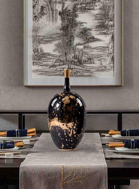 新中式水墨陶瓷花瓶摆件售楼处家居客厅玄关电视柜花器轻奢装饰品