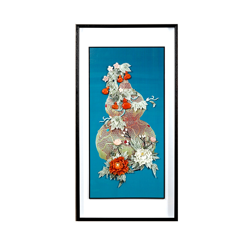 入户玄关装饰画国画山水画客厅挂画玉雕新中式竖版大幅5d立体雕刻