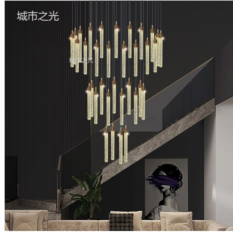 楼梯吊灯长吊灯复式楼梯间吊灯轻奢水晶别墅超长旋转楼梯中空客厅