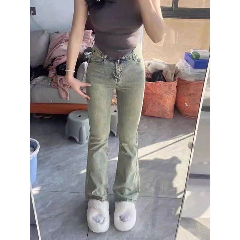优芭拉黄泥染微喇叭牛仔裤胖mm大码女装梨型身材高腰显瘦弹力裤子
