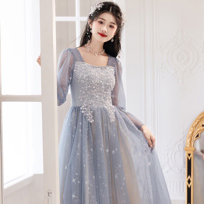 晚礼服女高级感宴会气质主持人轻奢小众高端钢琴演出裙浅蓝色长袖