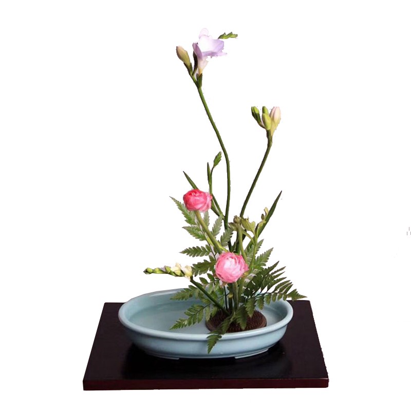 日式花道插花小原流花器蓝色白色黑色椭圆小号小判客厅摆放器皿