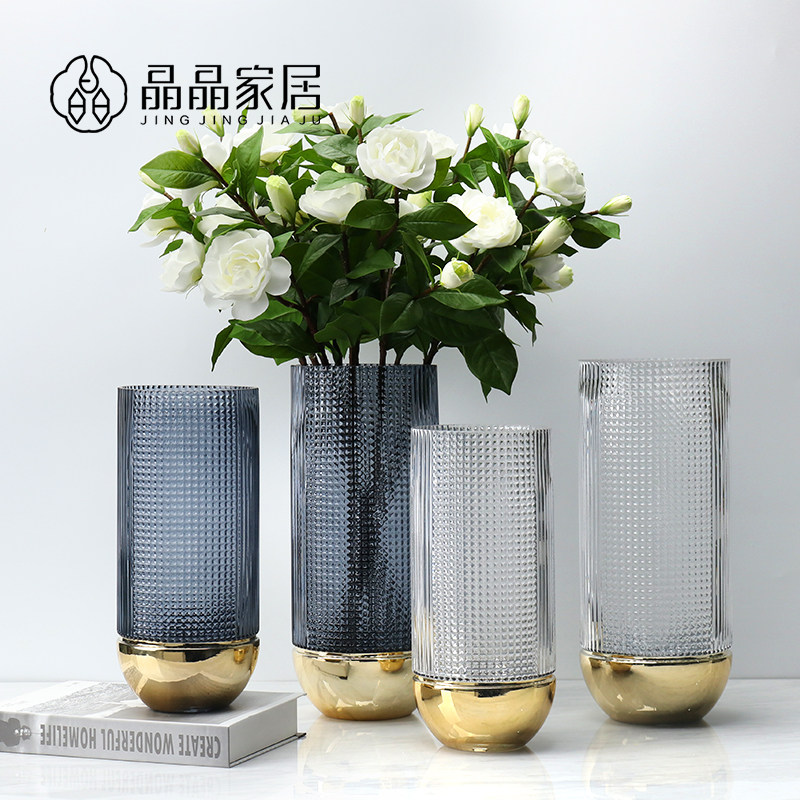 轻奢北欧直筒磨刻电镀玻璃花瓶样板房摆件家居电视柜餐桌插干花器