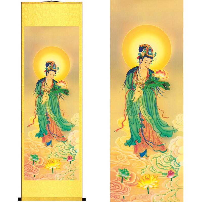 国画人物佛像 西方三圣画像卷轴挂画 阿弥陀佛观音菩萨大势至菩萨