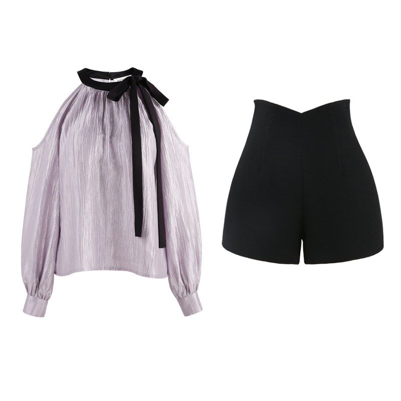 紫色挂脖衬衫女2024新款早秋轻奢高级感小衫短款长袖露肩上衣套装