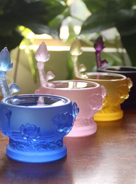 琉璃浮雕莲花烛台 八色可选佛前供灯供具 彩色琉璃烛台配件