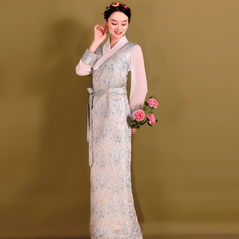 新款藏族服装女新款西式藏服拉萨服秋季拼色高档锦缎藏袍女锅庄裙