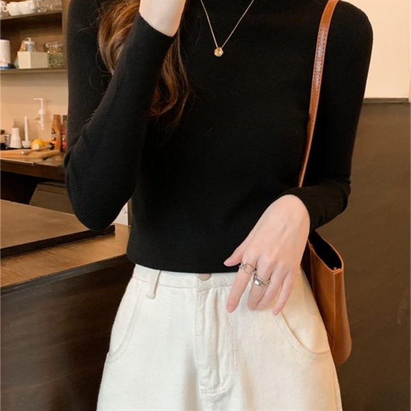 半高领针织打底衫女春秋季2024新款内搭修身长袖上衣初秋白色毛衣