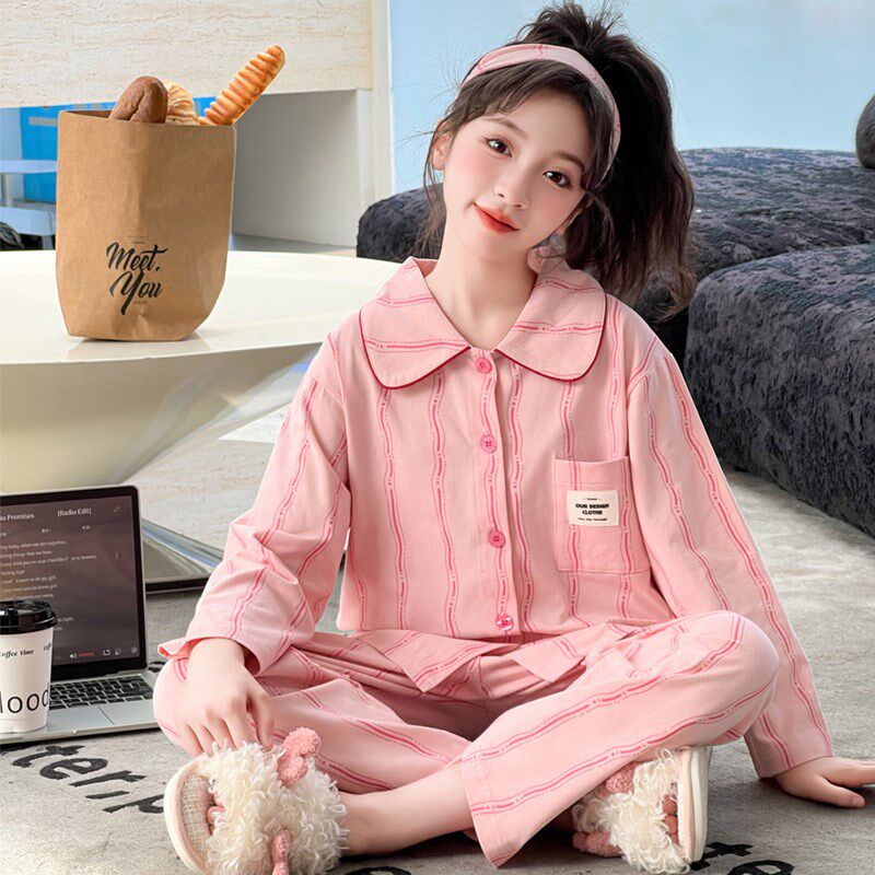 儿童睡衣春秋纯棉长袖中大童女孩开衫2024秋装新款女童全棉家居服