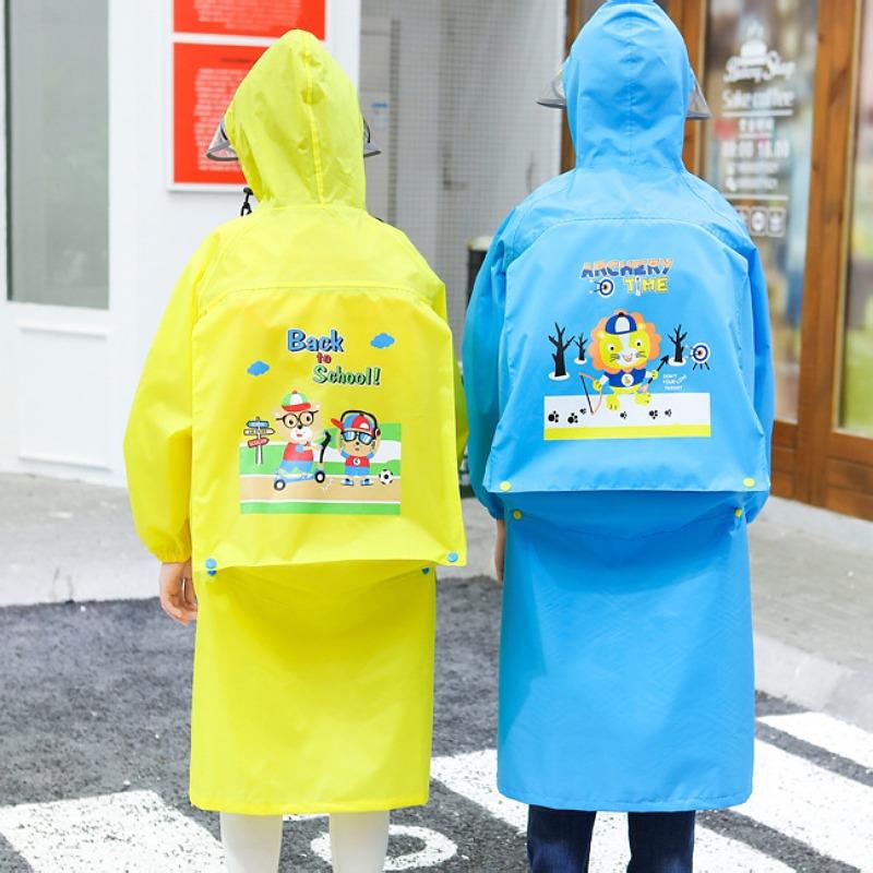 儿童雨衣男女学生小孩中大童上学雨披双帽檐牛津布带书包位带拉链
