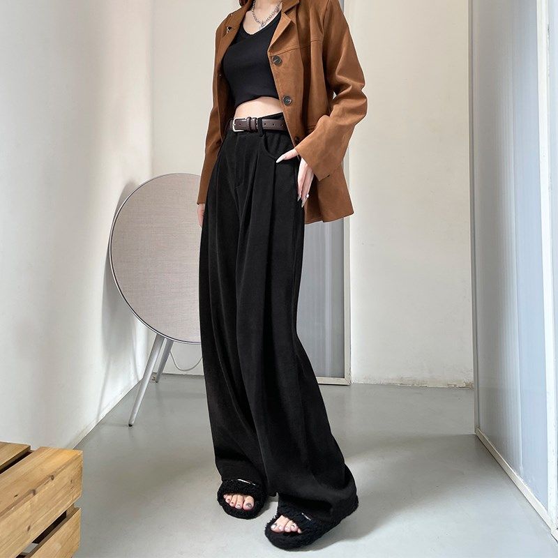 白色针织阔腿裤女秋冬季2023新款加绒雪尼尔裤子灯芯绒休闲西装裤