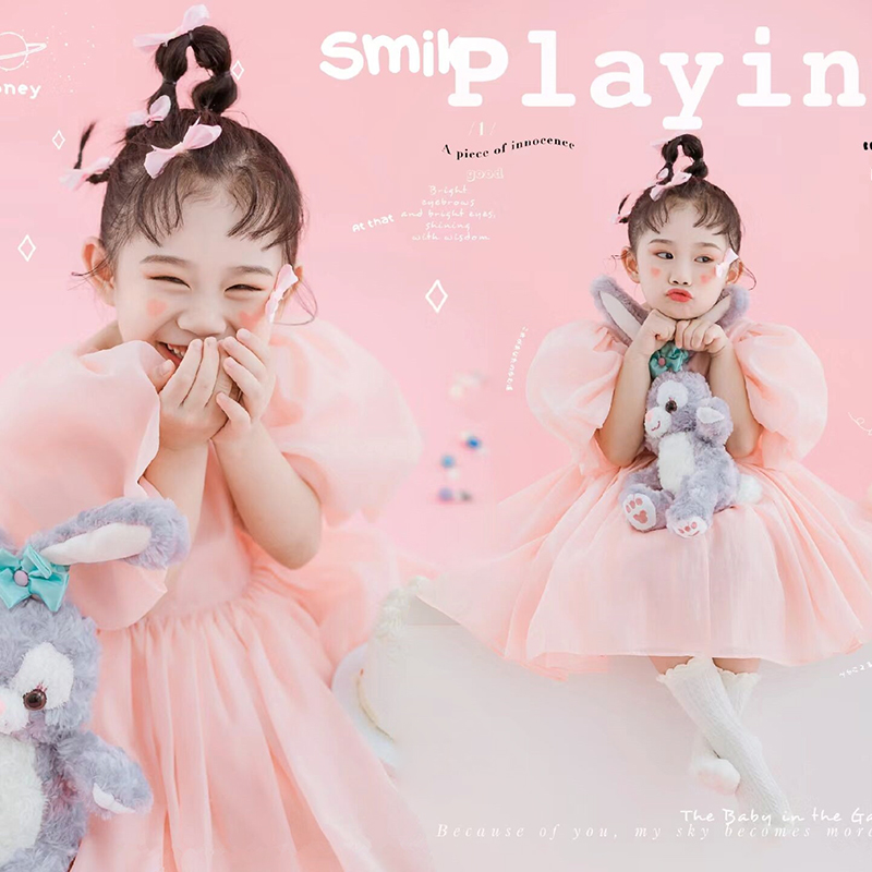 儿童摄影主题服装女童走秀粉色洋气公主裙蓬蓬纱生日花童礼服裙服