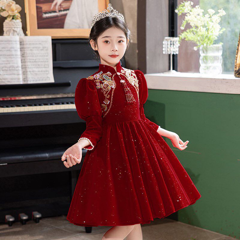 女童礼服轻奢小众高端儿童主持人生日中式红色演出花童公主裙秋冬