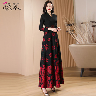 时尚黑色提花长袖连衣裙女长款2023春秋季收腰气质显瘦到脚踝长裙