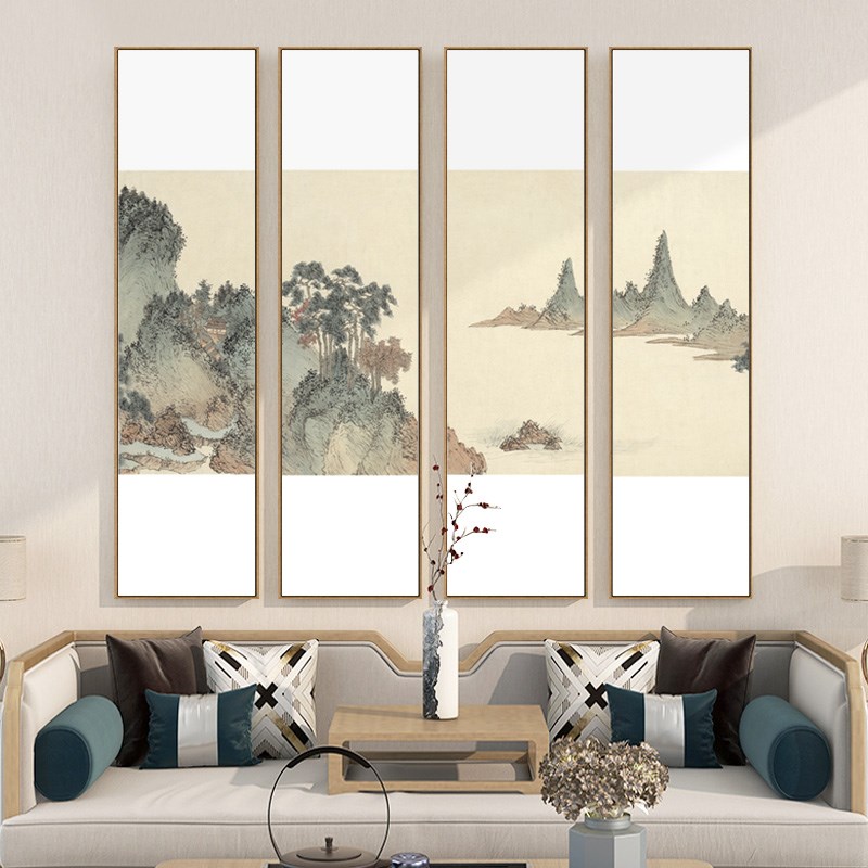 国画山水画新中式客厅装饰画沙发背景墙四条屏挂画茶室会客厅壁画