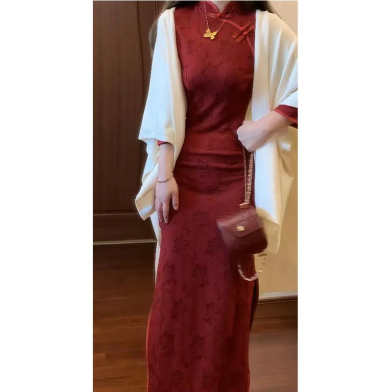 大码胖mm国风新中式红色旗袍连衣裙女秋冬复古高级感收腰显瘦长裙