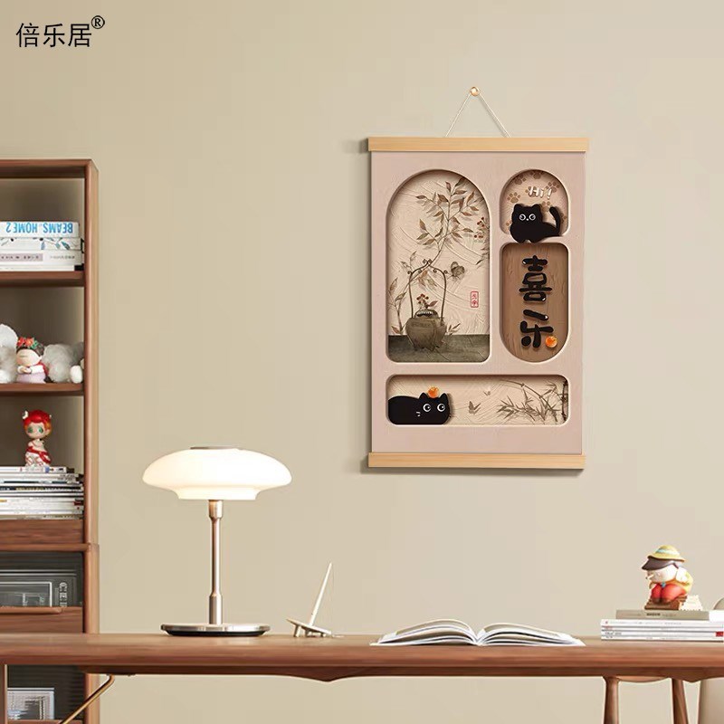 平安喜乐装饰卡通猫咪卧室挂画餐厅暖居文字壁画实木电表箱遮挡画图片