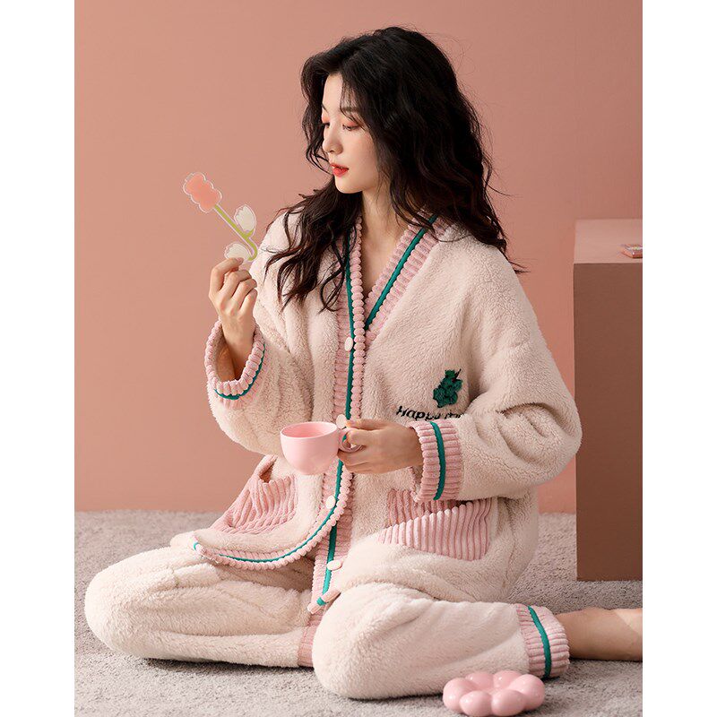 珊瑚绒睡衣女款秋冬季加厚加绒宽松甜美开衫高档家居服法兰绒套装