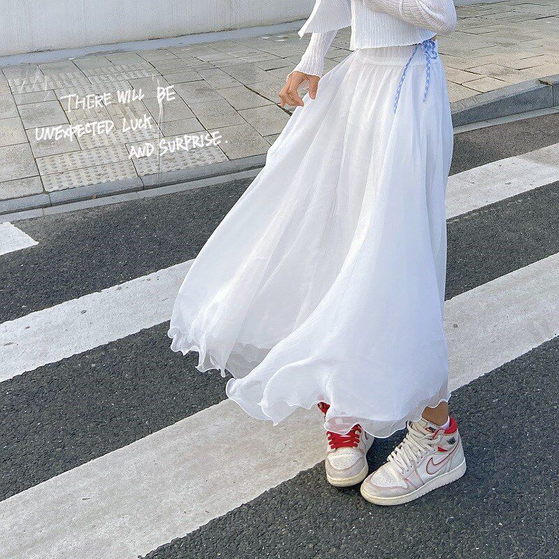 一罐杏仁桃温柔白色a字仙气飘飘半身纱裙秋冬高腰显瘦大摆仙女裙