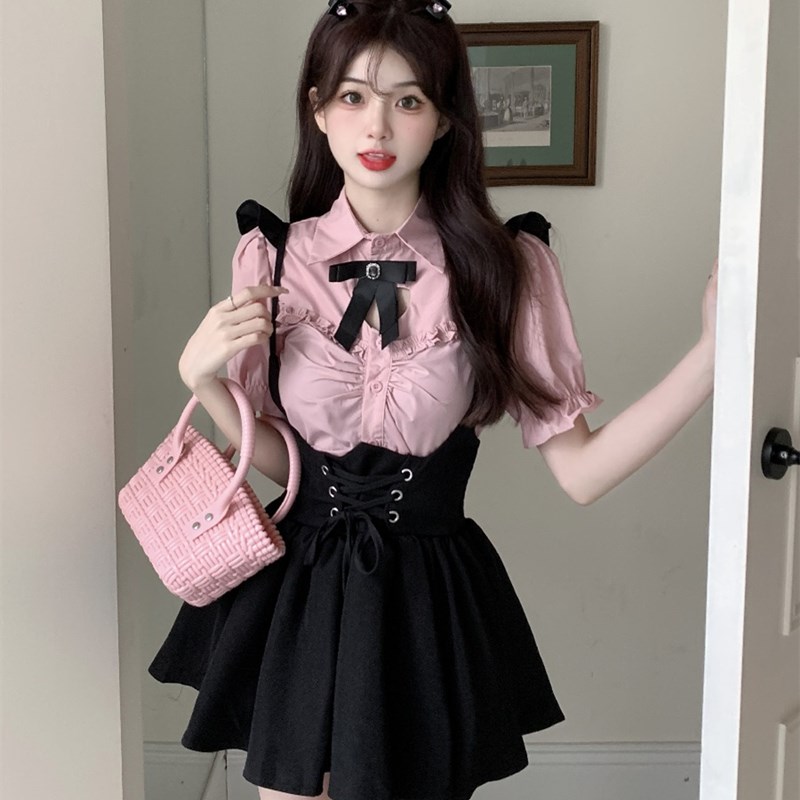 大码胖mm甜辣学院风粉色衬衫飞飞袖背带蓬蓬裙女夏辣妹显瘦两件套