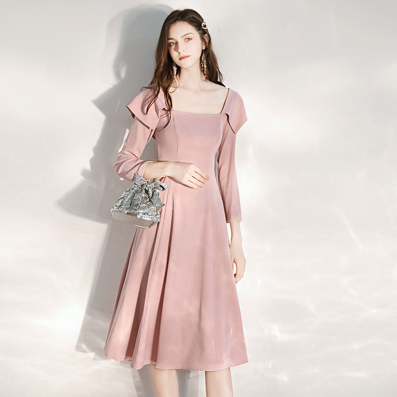 小个子晚礼服女宴会气质伴娘平时可穿轻奢小众高端粉色订婚连衣裙