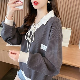 薄款 早秋装 宽松大码 翻领polo衫 小个子撞色上衣外套 卫衣女春秋韩版