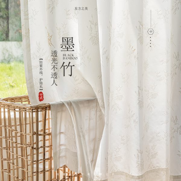 中式彩雕纱帘山水墨竹中国风古典茶室窗纱书房客厅隔断透光不透人