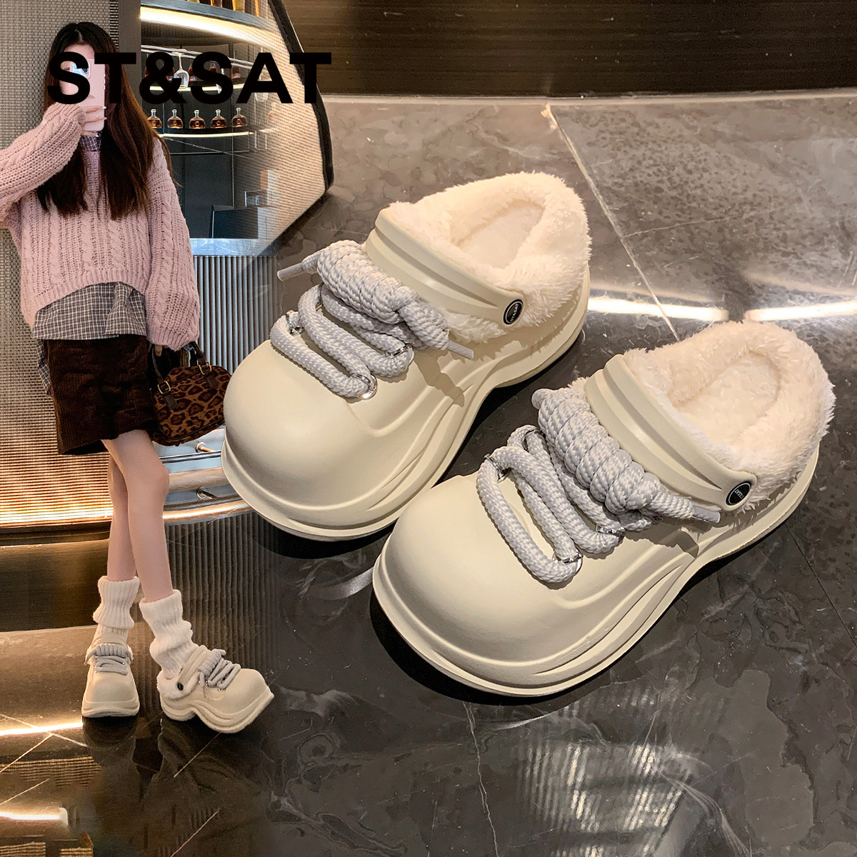 星期六加绒包头拖女士防水