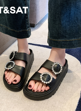 星期六厚底勃肯鞋女2025新款黑色鞋子可调节外穿拖鞋一字扣带凉鞋