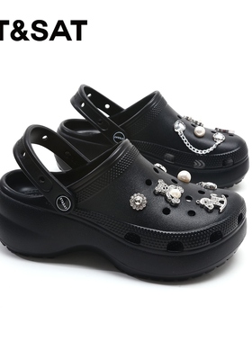 星期六洞洞鞋女款夏季凉鞋女厚底增高女鞋黑色拖鞋软底女士沙滩鞋