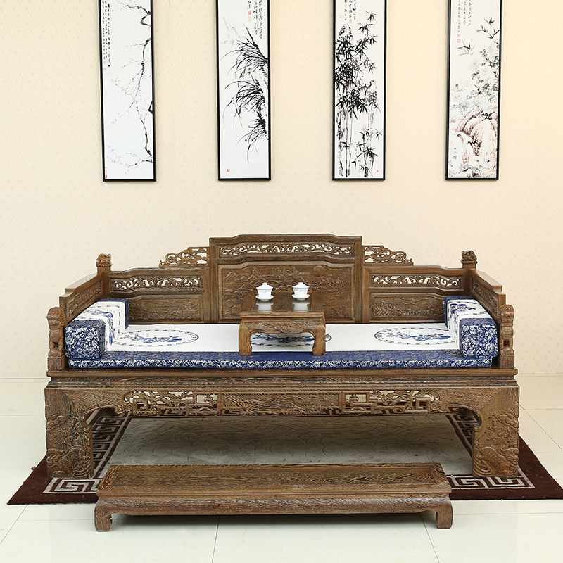 优选红木家具鸡翅木罗汉床三件套 实木沙发床组合仿古客厅躺椅