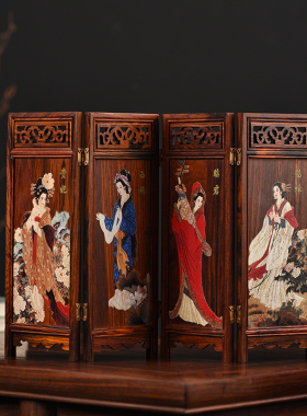 优选玄同红酸枝四大美女屏风摆件迷你小家具摆件梅兰竹菊木质拍照