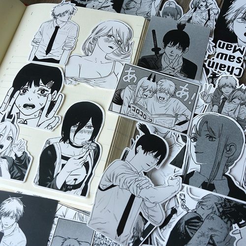 热血猎奇漫画电次链锯人帕瓦小红玛奇玛手帐文具盒手机壳黑白贴纸