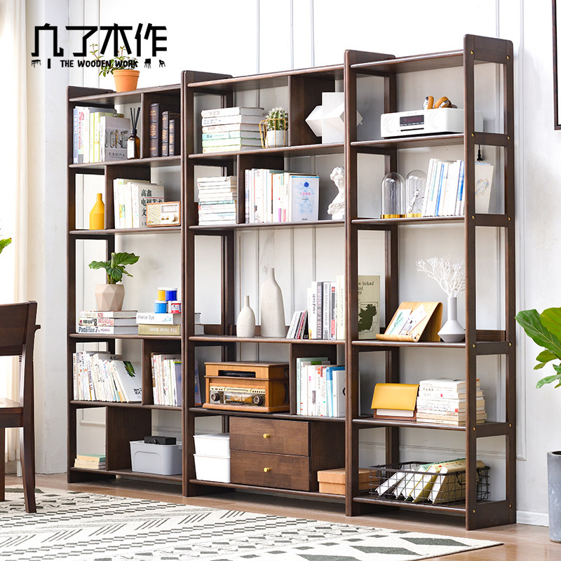 实木书架置物架落地整墙书柜家用客厅简易收纳架简约隔断储物架子