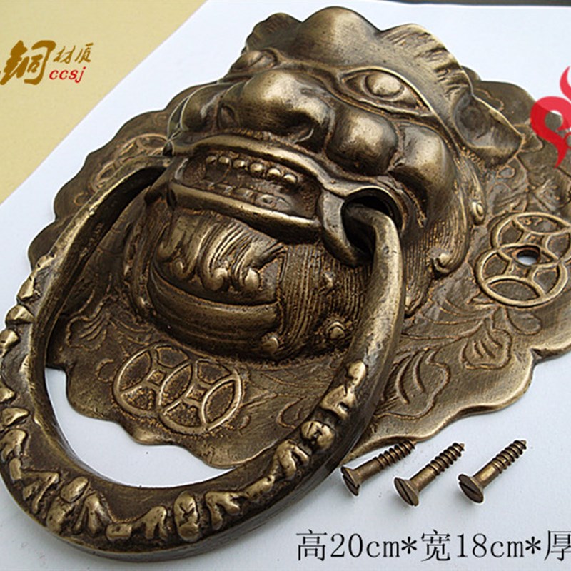 纯铜狮子仿古门环纯黄铜中式大门把手麒麟虎头大拉手铺首衔环