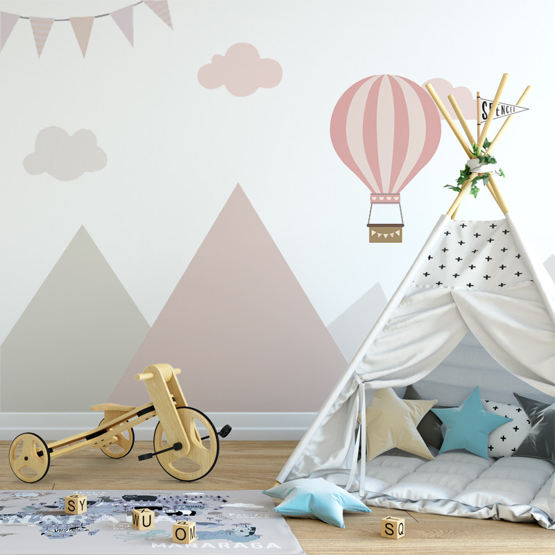 热气球几何墙纸女孩卧室墙布卡通儿童房壁纸男孩卧室壁画幼儿园